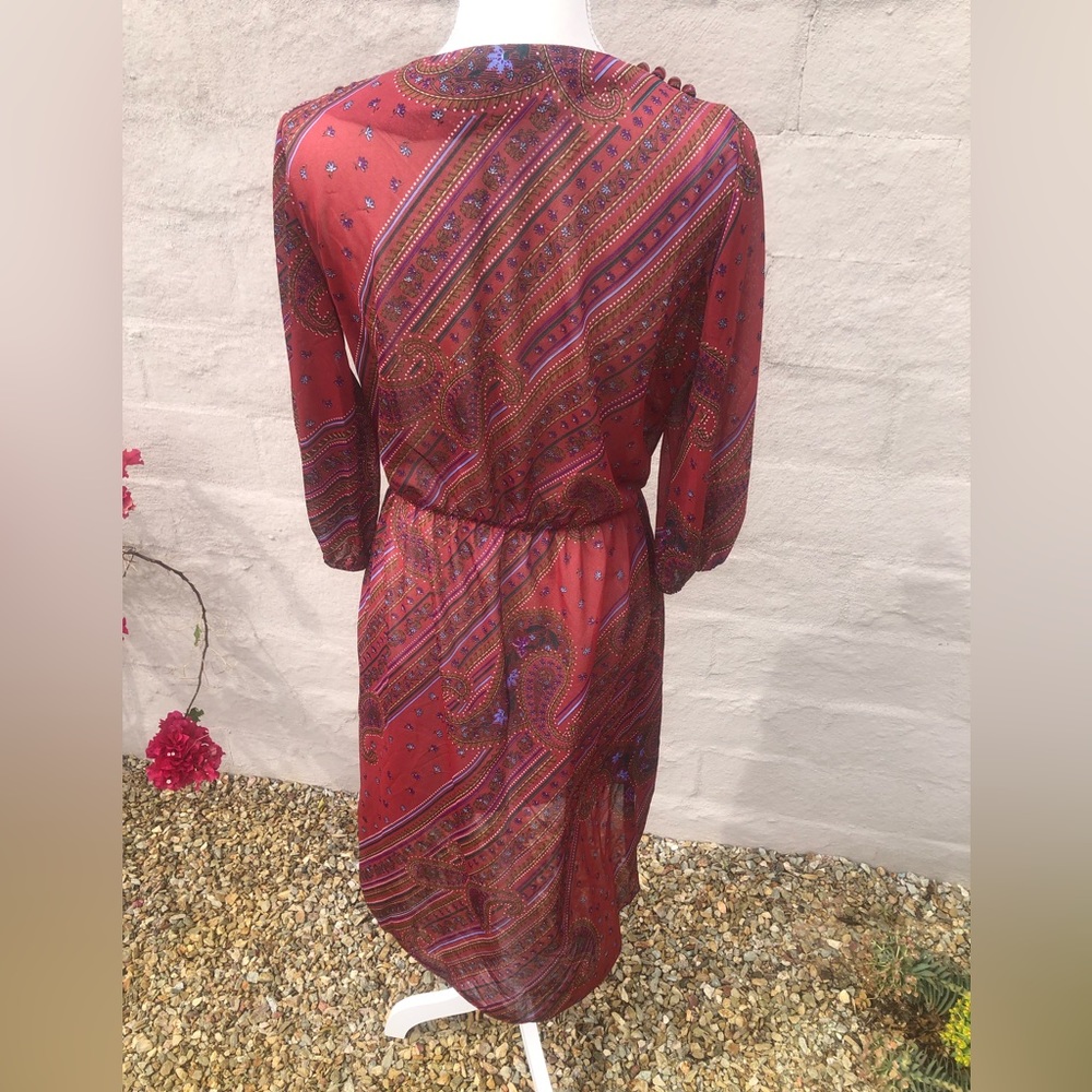 Vintage 70s sheer boho paisley dress with button detail cinched three quarter - Picture 9 of 16